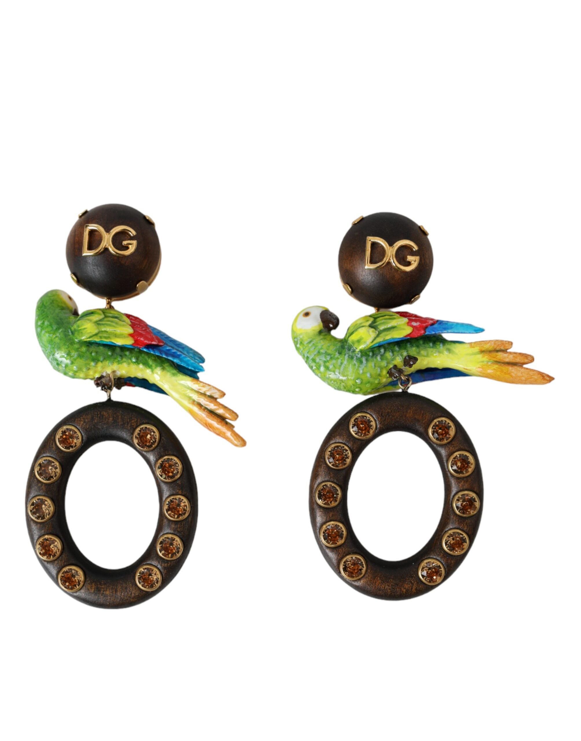 Dolce & Gabbana Multicolor Parrot Wood Brass Crystal Embellished Earrings - Zeiniez