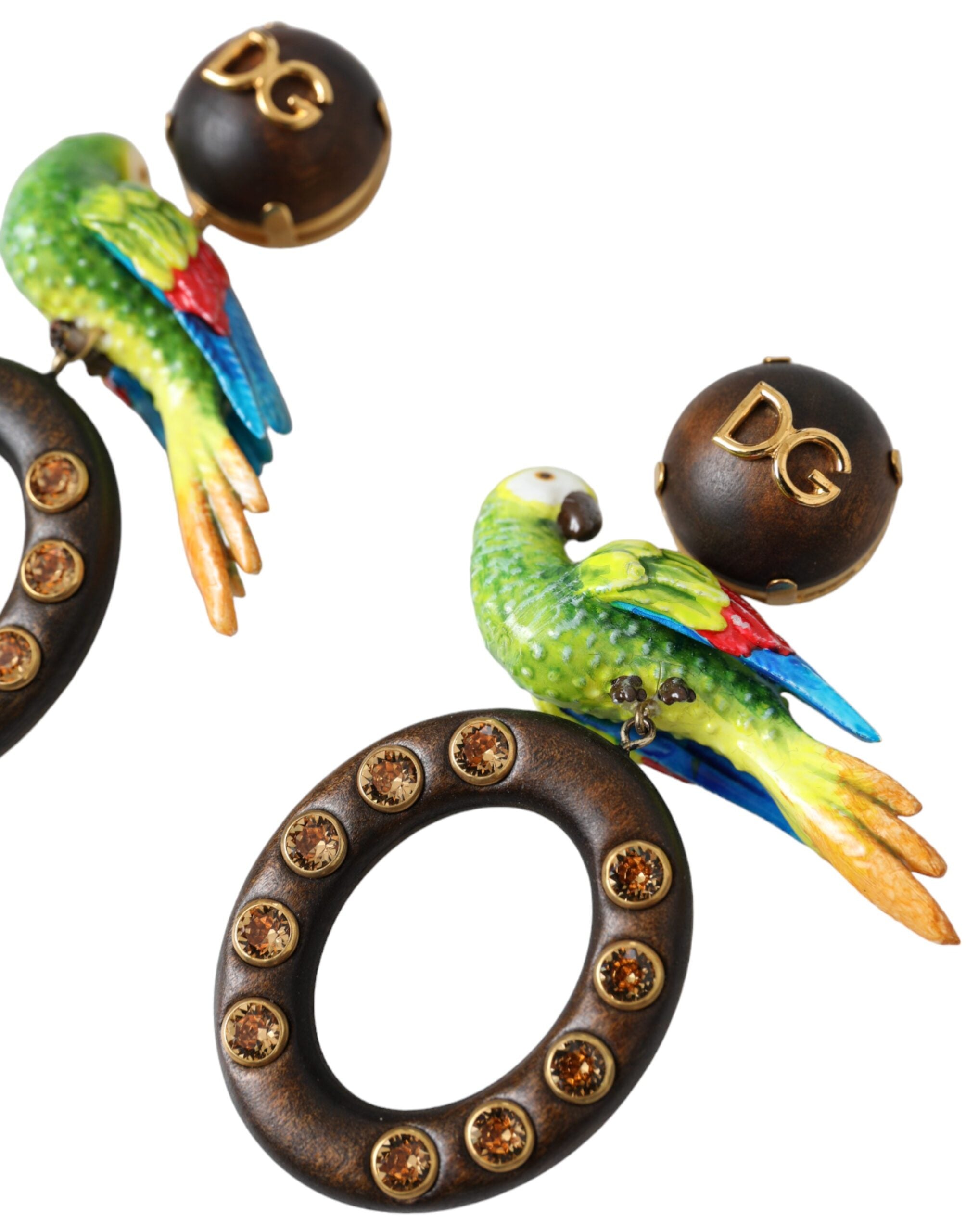 Dolce & Gabbana Multicolor Parrot Wood Brass Crystal Embellished Earrings - Zeiniez