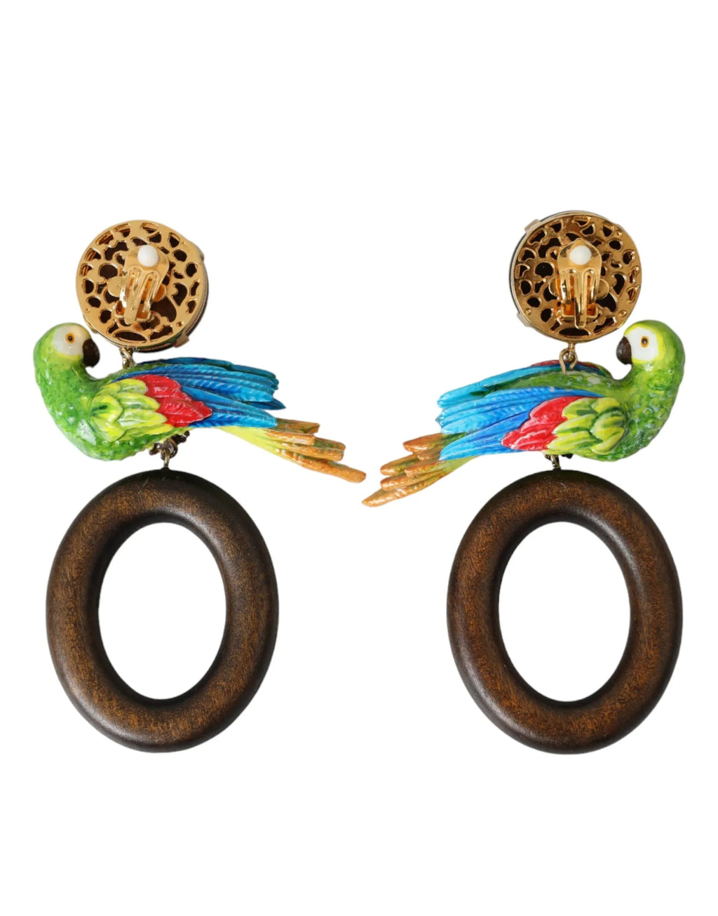Dolce & Gabbana Multicolor Parrot Wood Brass Crystal Embellished Earrings - Zeiniez