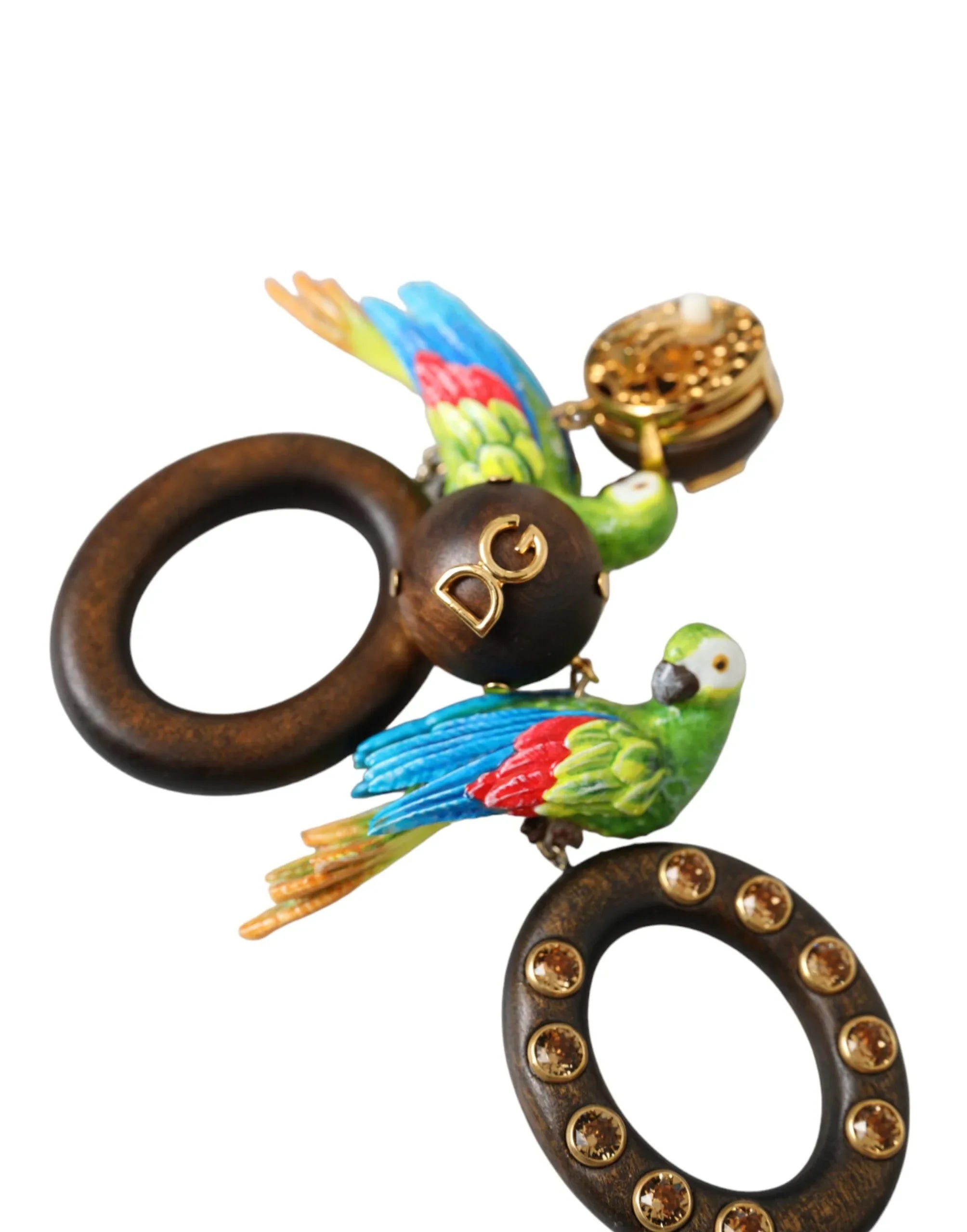 Dolce & Gabbana Multicolor Parrot Wood Brass Crystal Embellished Earrings - Zeiniez