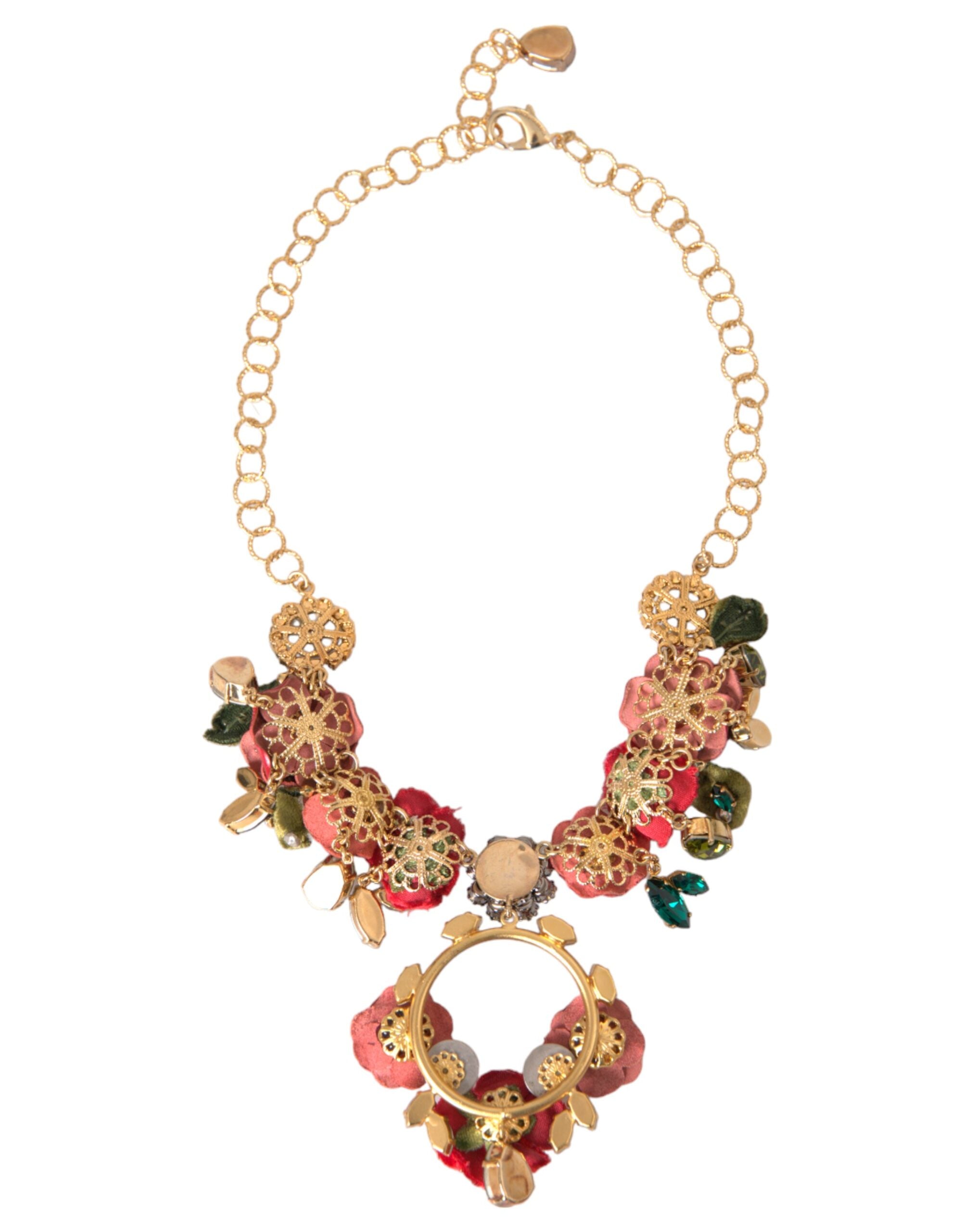 Dolce & Gabbana Gold Brass Link Chain RosePetal Crystal Pendant Necklace - Zeiniez