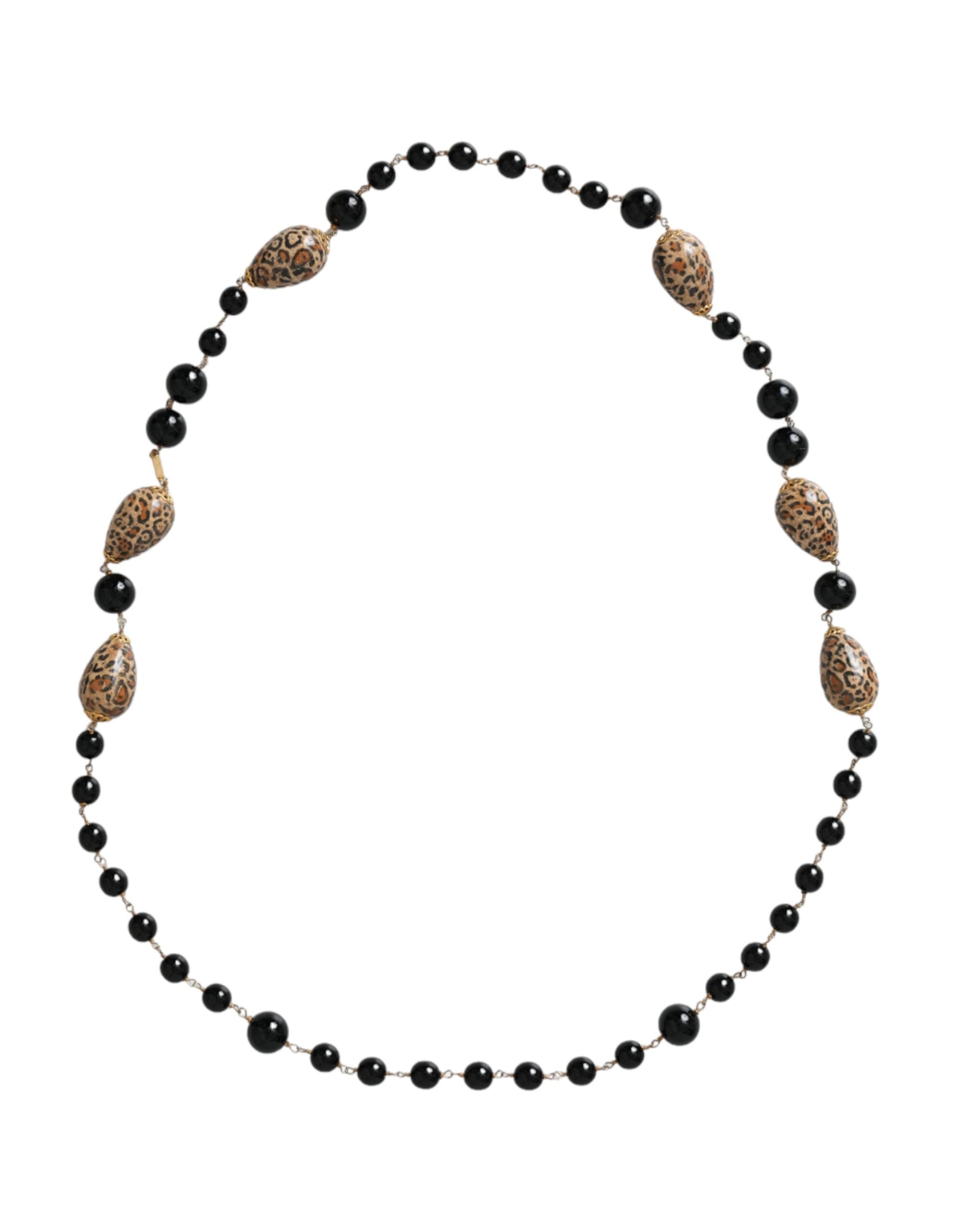 Dolce & Gabbana Gold Tone Brass Black Printed Beaded Long Chain Necklace - Zeiniez