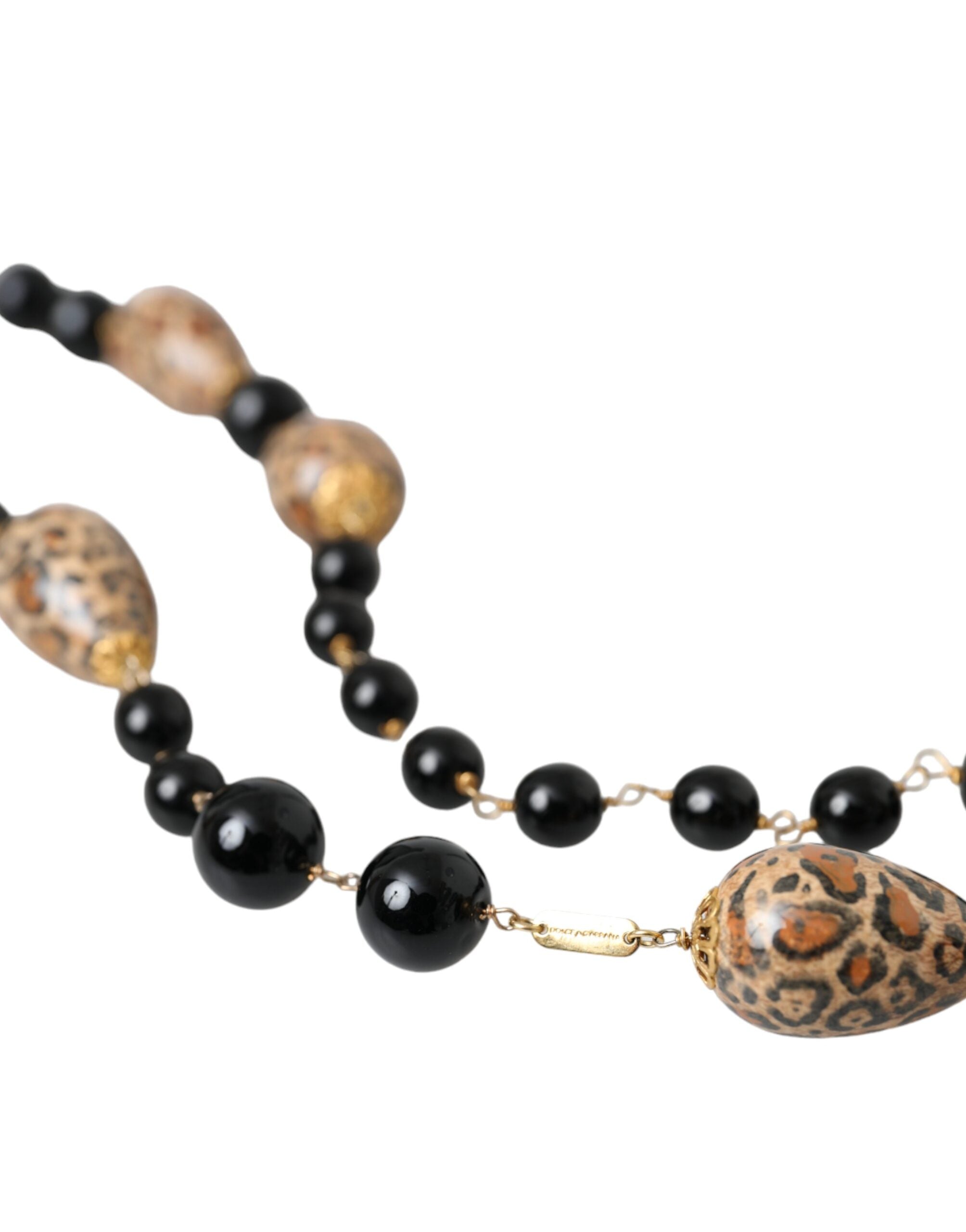 Dolce & Gabbana Gold Tone Brass Black Printed Beaded Long Chain Necklace - Zeiniez