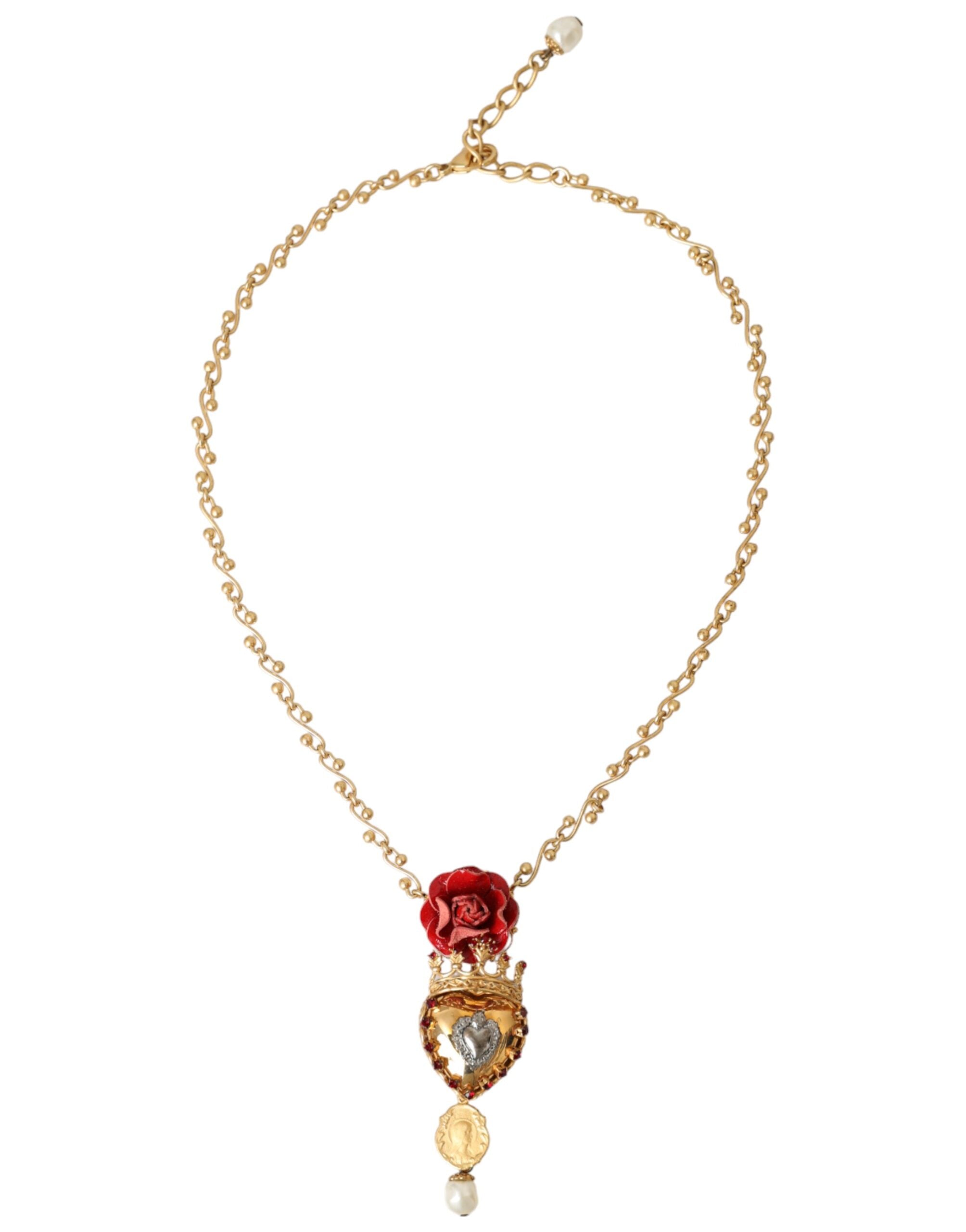 Dolce & Gabbana Gold BrassChain Sacred Heart Rose Crystal Charm Necklace - Zeiniez