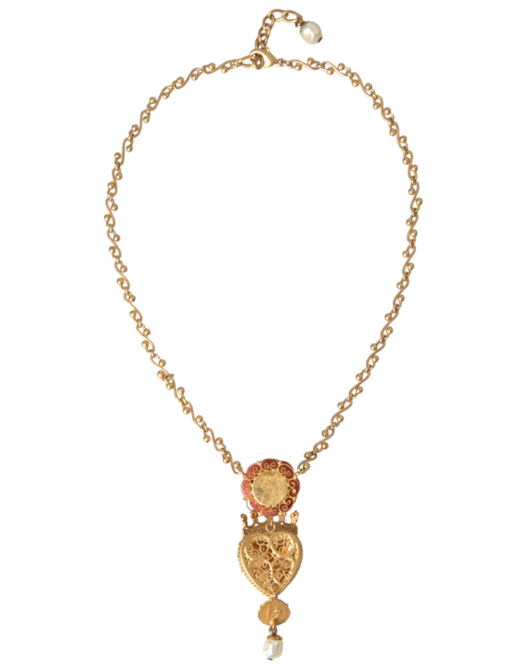 Dolce & Gabbana Gold BrassChain Sacred Heart Rose Crystal Charm Necklace - Zeiniez