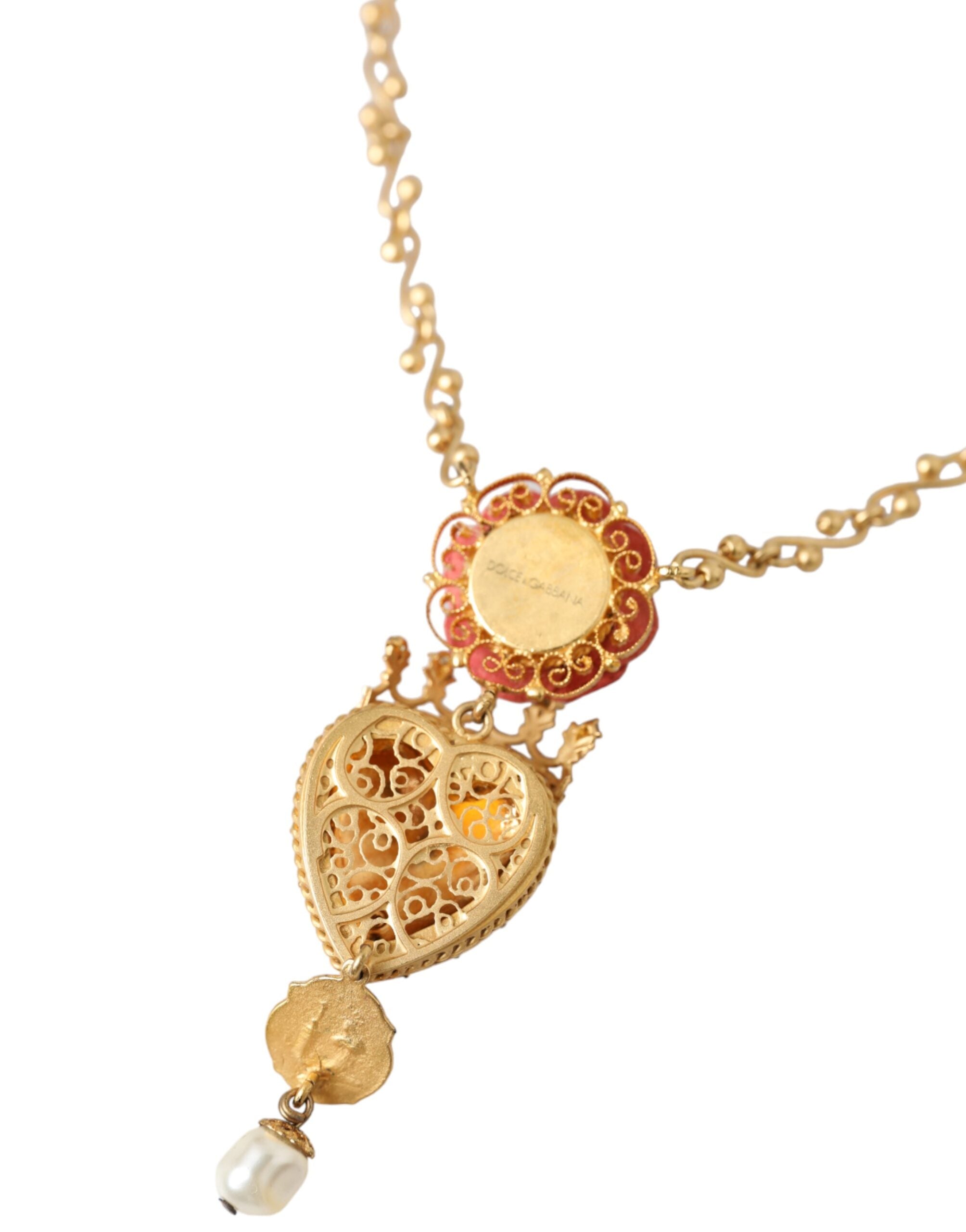 Dolce & Gabbana Gold BrassChain Sacred Heart Rose Crystal Charm Necklace - Zeiniez