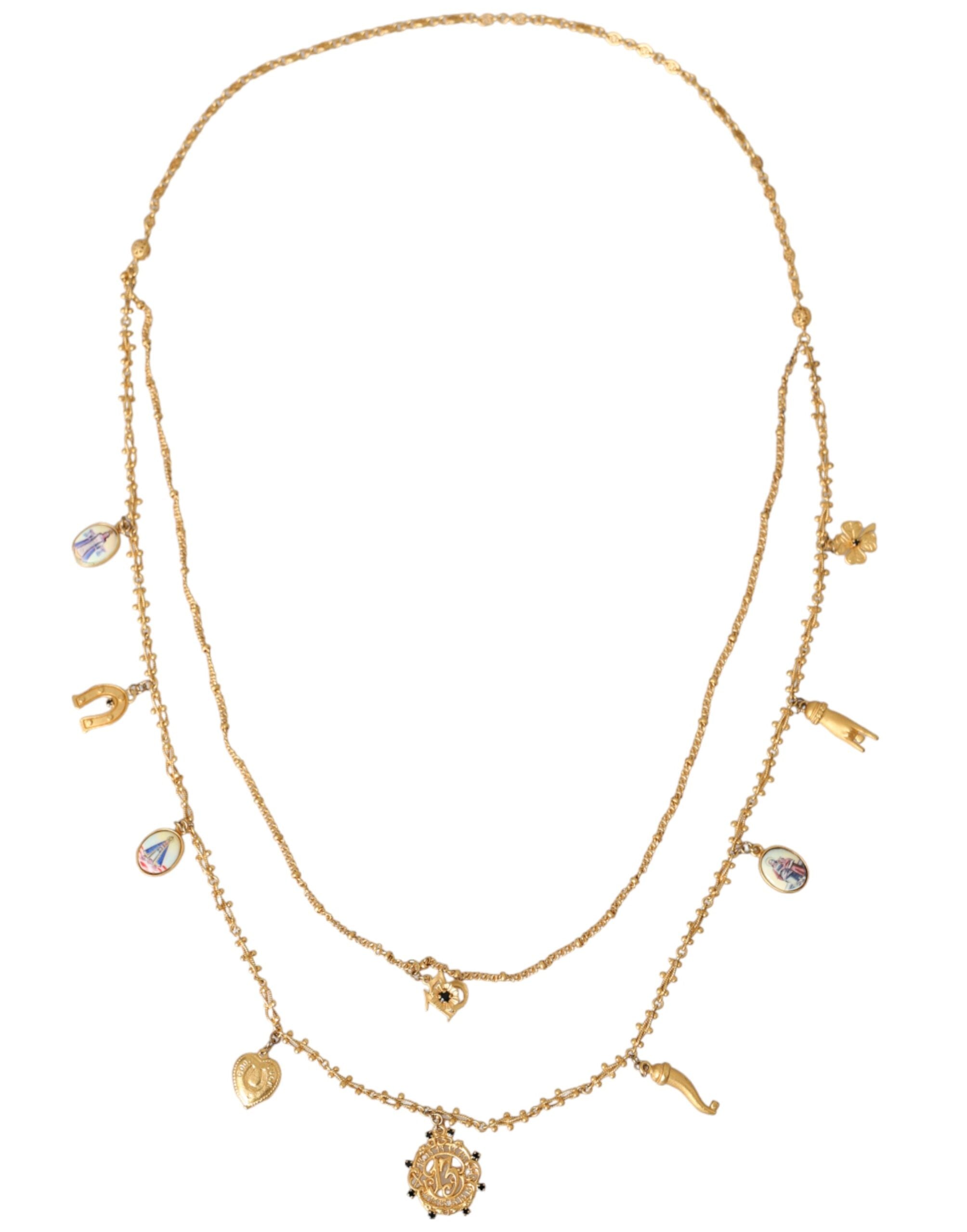 Dolce & Gabbana Gold Tone Chain Brass Charm Statement Sicily Necklace - Zeiniez
