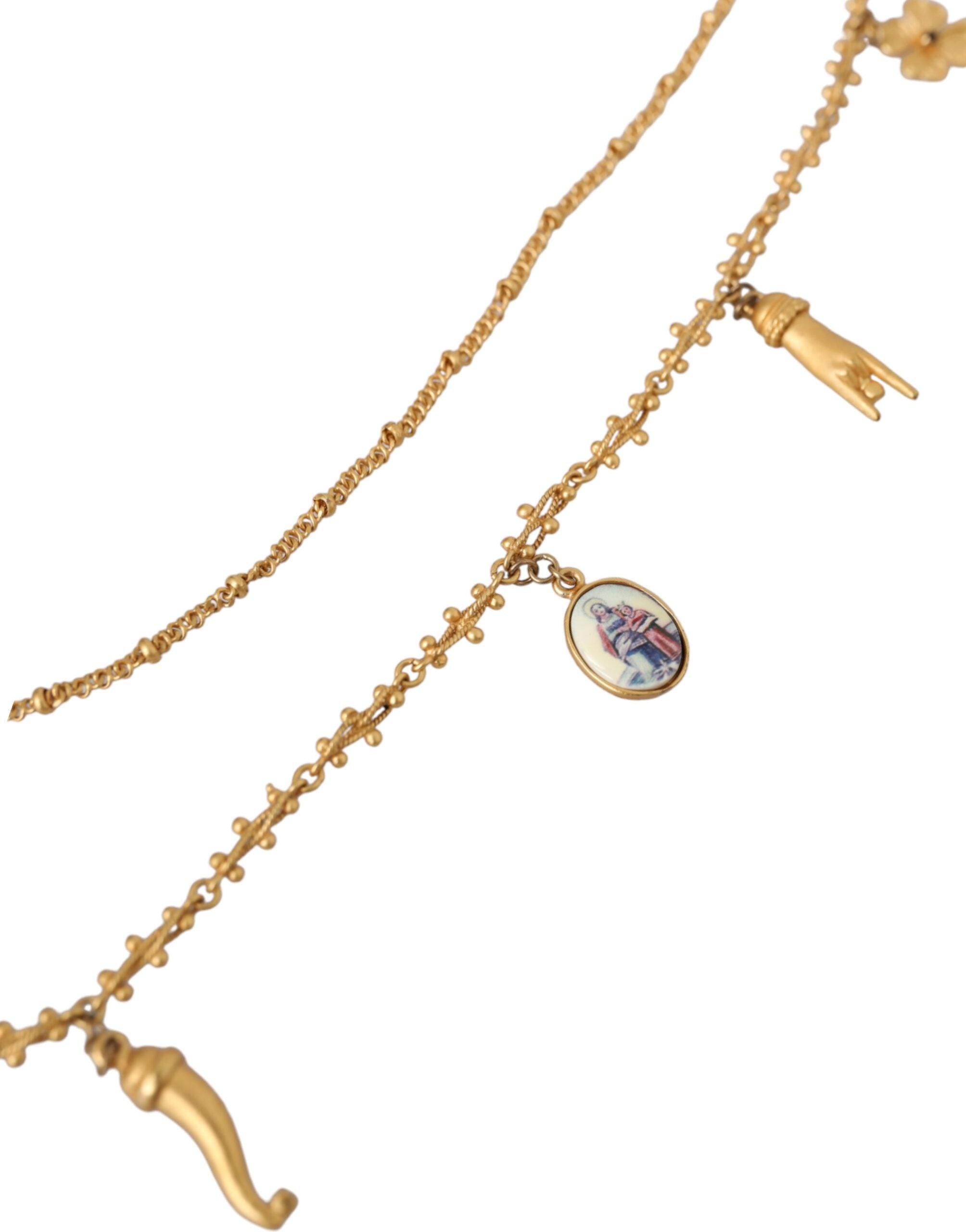 Dolce & Gabbana Gold Tone Chain Brass Charm Statement Sicily Necklace - Zeiniez