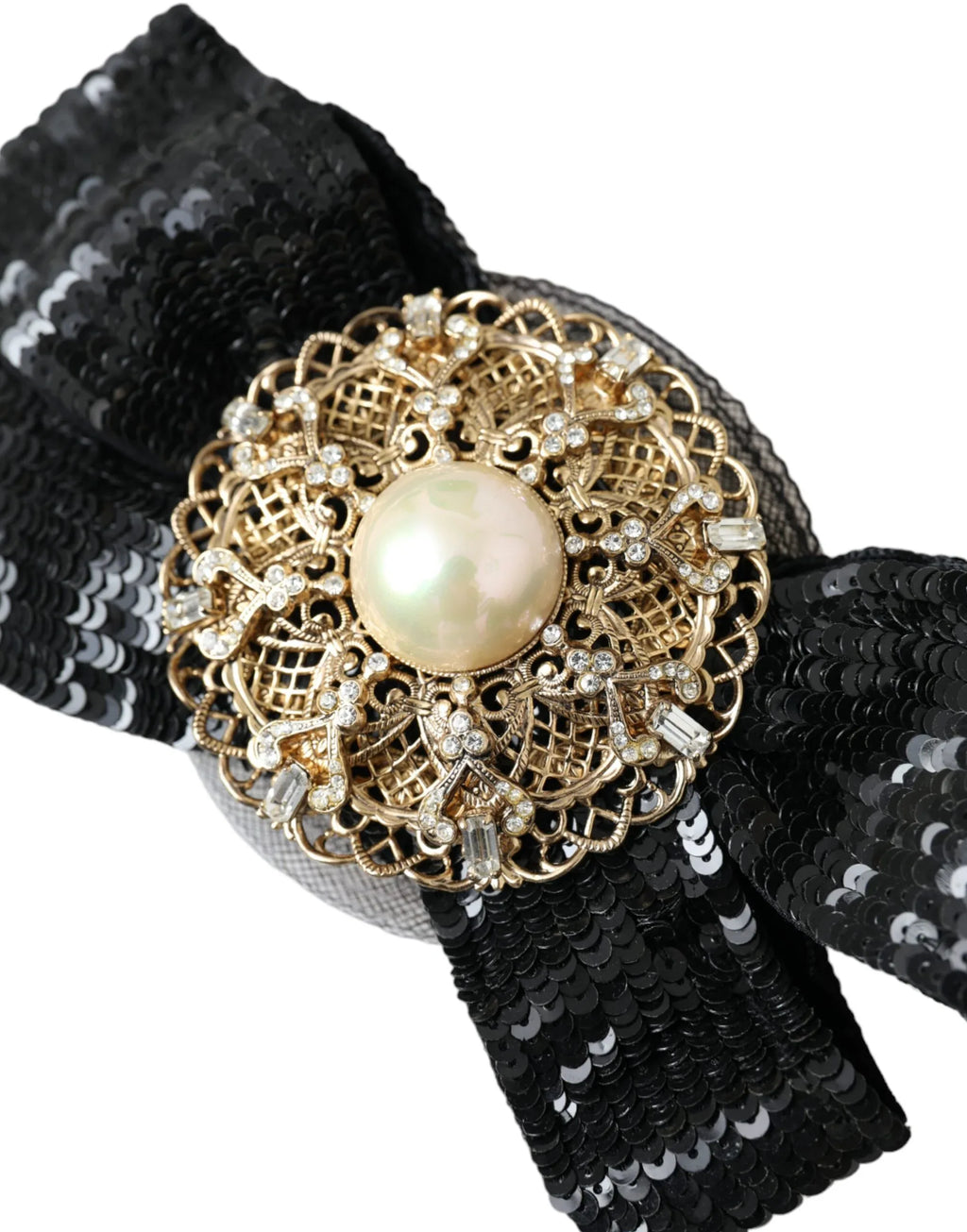 Dolce & Gabbana Black Sequin Pearl Handmade Brooch Hair Pin - Zeiniez