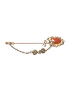 Dolce & Gabbana Gold Brass Crystal Chain 925 Sterling Silver Pin Brooch - Zeiniez
