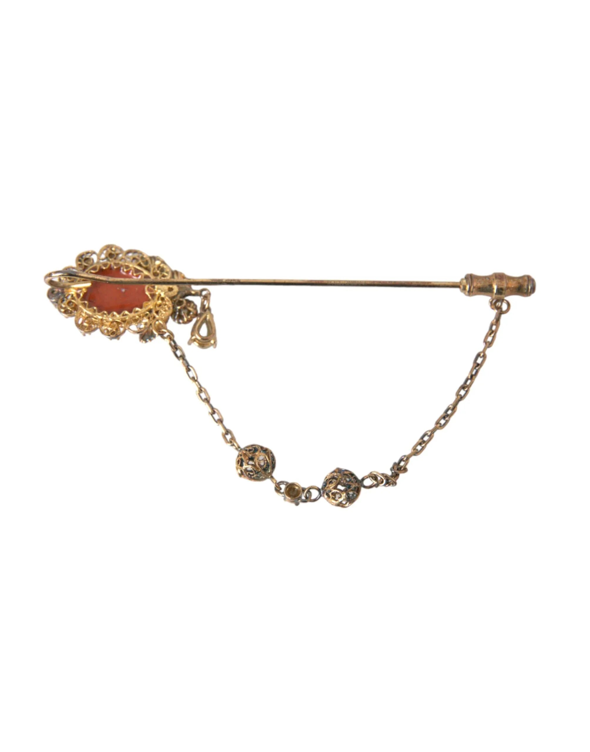 Dolce & Gabbana Gold Brass Crystal Chain 925 Sterling Silver Pin Brooch - Zeiniez