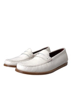 Dolce & Gabbana White Leather Slip On Mocassin Loafers Shoes - Zeiniez