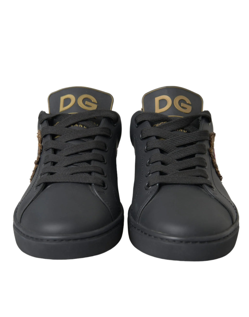 Dolce & Gabbana Black Leather Heart Embellished Sneakers Shoes - Zeiniez