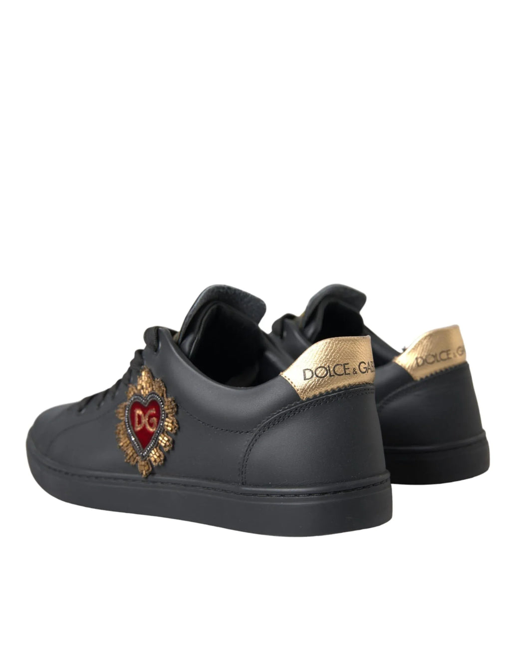 Dolce & Gabbana Black Leather Heart Embellished Sneakers Shoes - Zeiniez