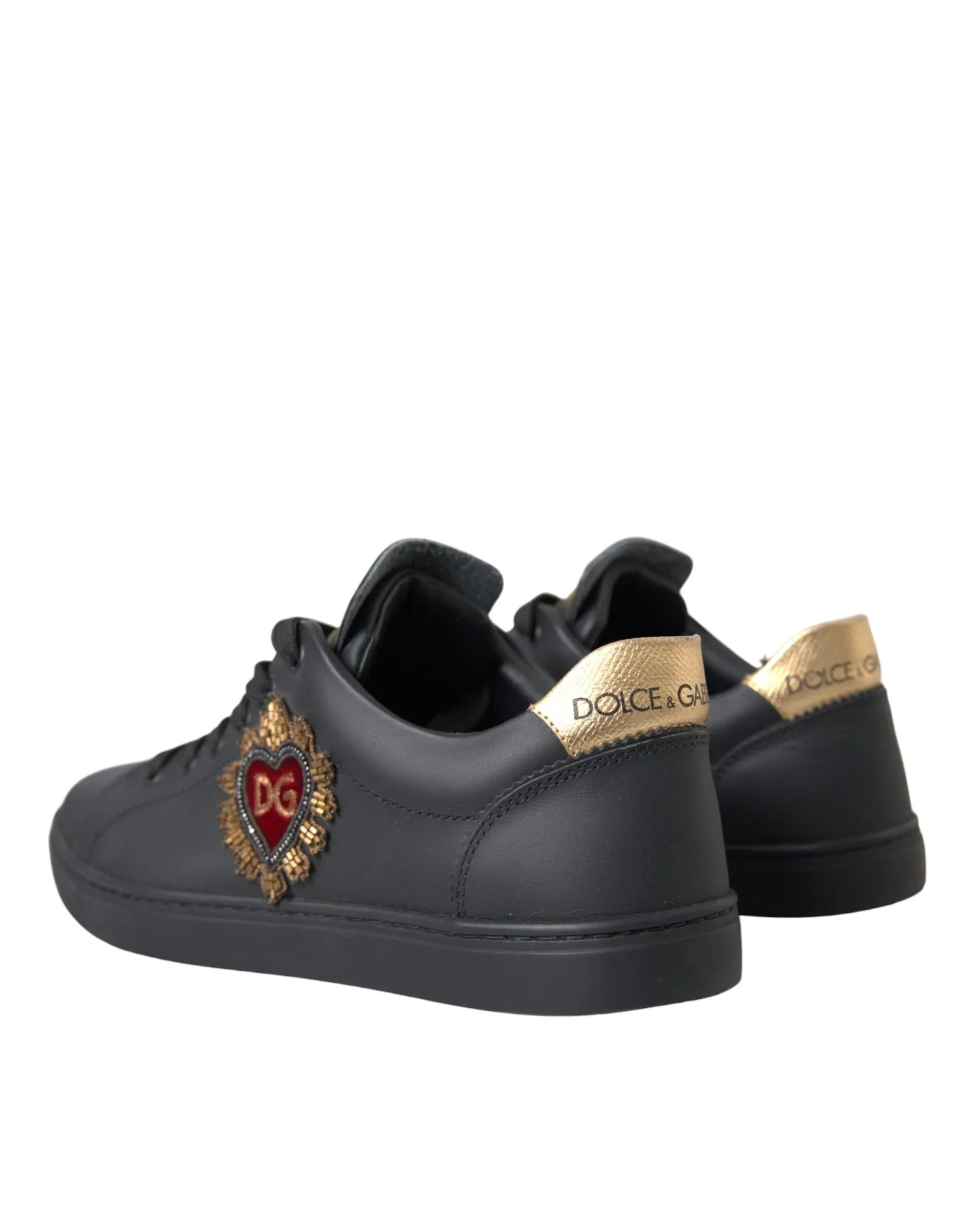 Dolce & Gabbana Black Leather Heart Embellished Sneakers Shoes - Zeiniez