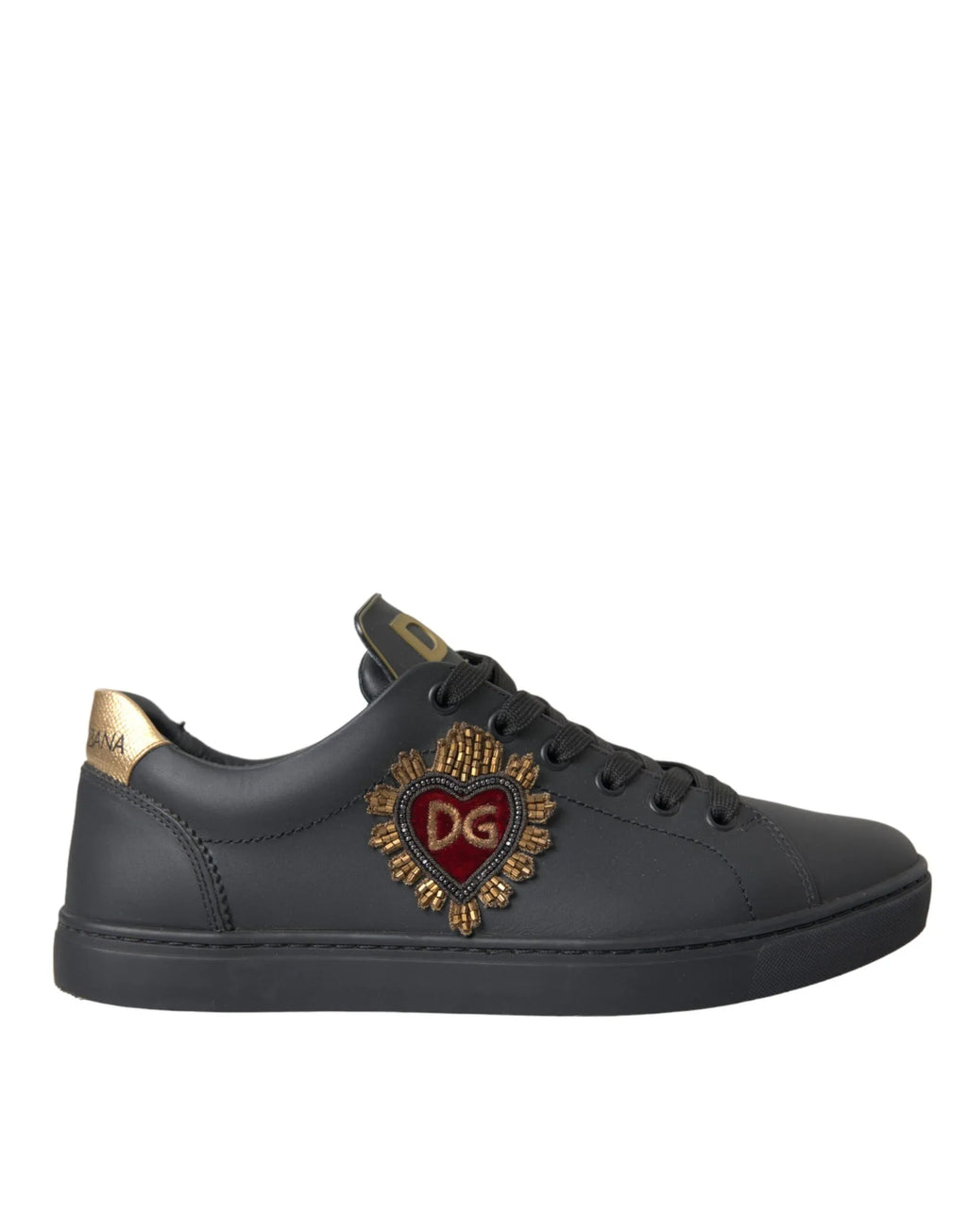 Dolce & Gabbana Black Leather Heart Embellished Sneakers Shoes - Zeiniez