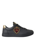 Dolce & Gabbana Black Leather Heart Embellished Sneakers Shoes - Zeiniez