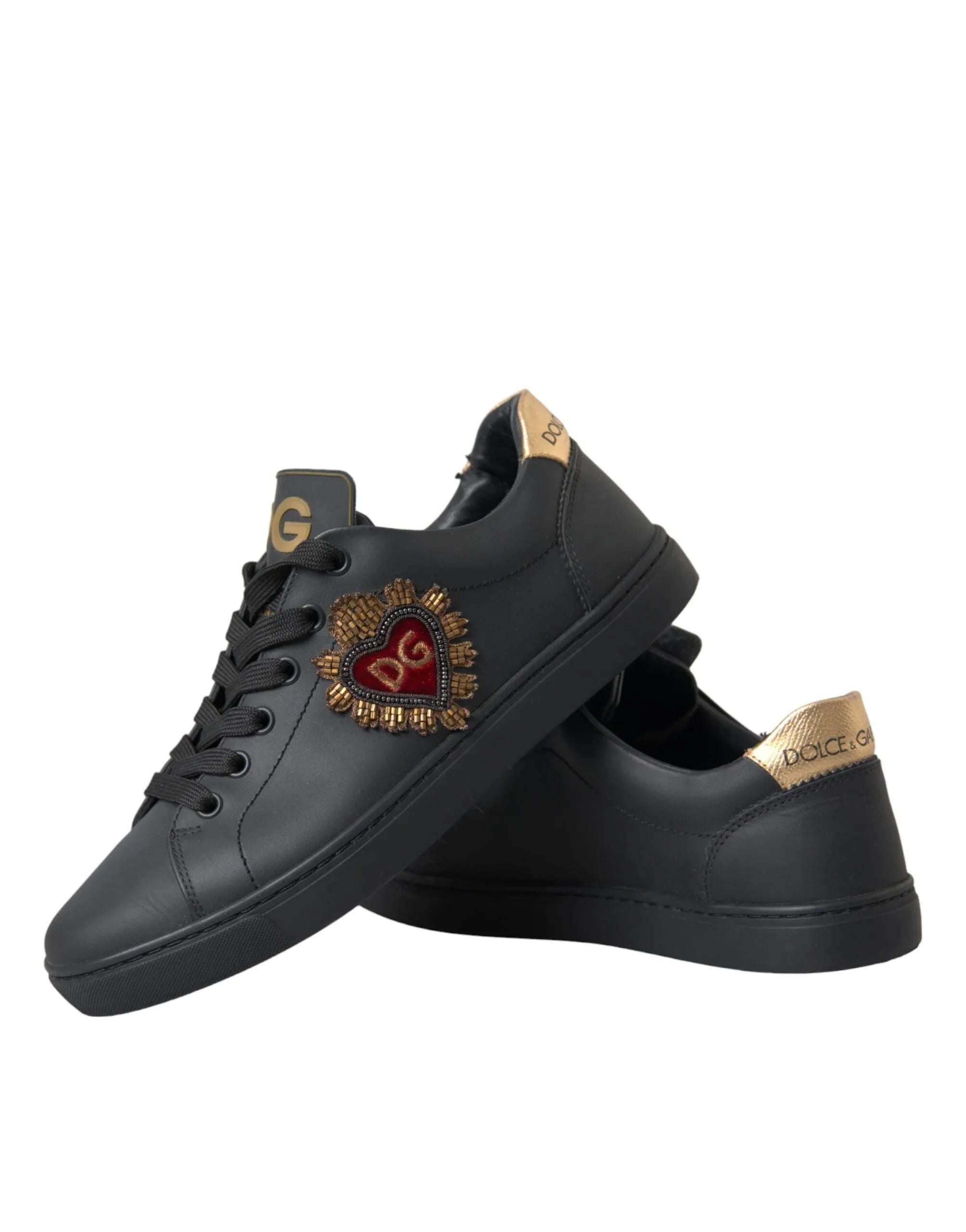 Dolce & Gabbana Black Leather Heart Embellished Sneakers Shoes - Zeiniez