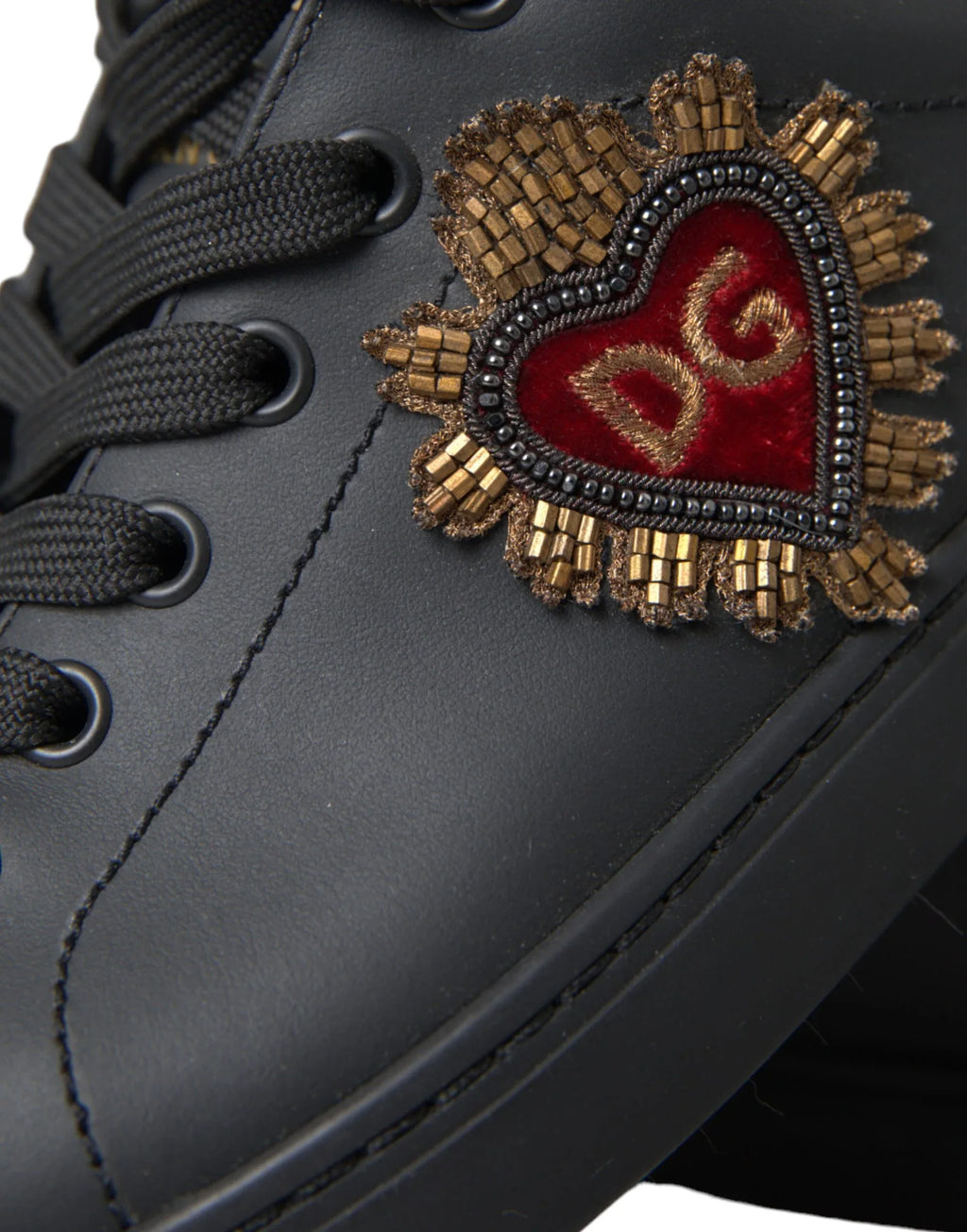 Dolce & Gabbana Black Leather Heart Embellished Sneakers Shoes - Zeiniez