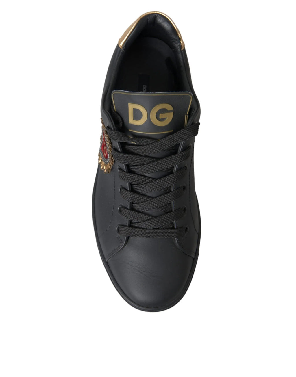 Dolce & Gabbana Black Leather Heart Embellished Sneakers Shoes - Zeiniez