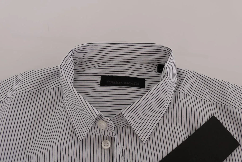 Frankie Morello White Blue Striped Casual Cotton Regular Fit Shirt - Zeiniez