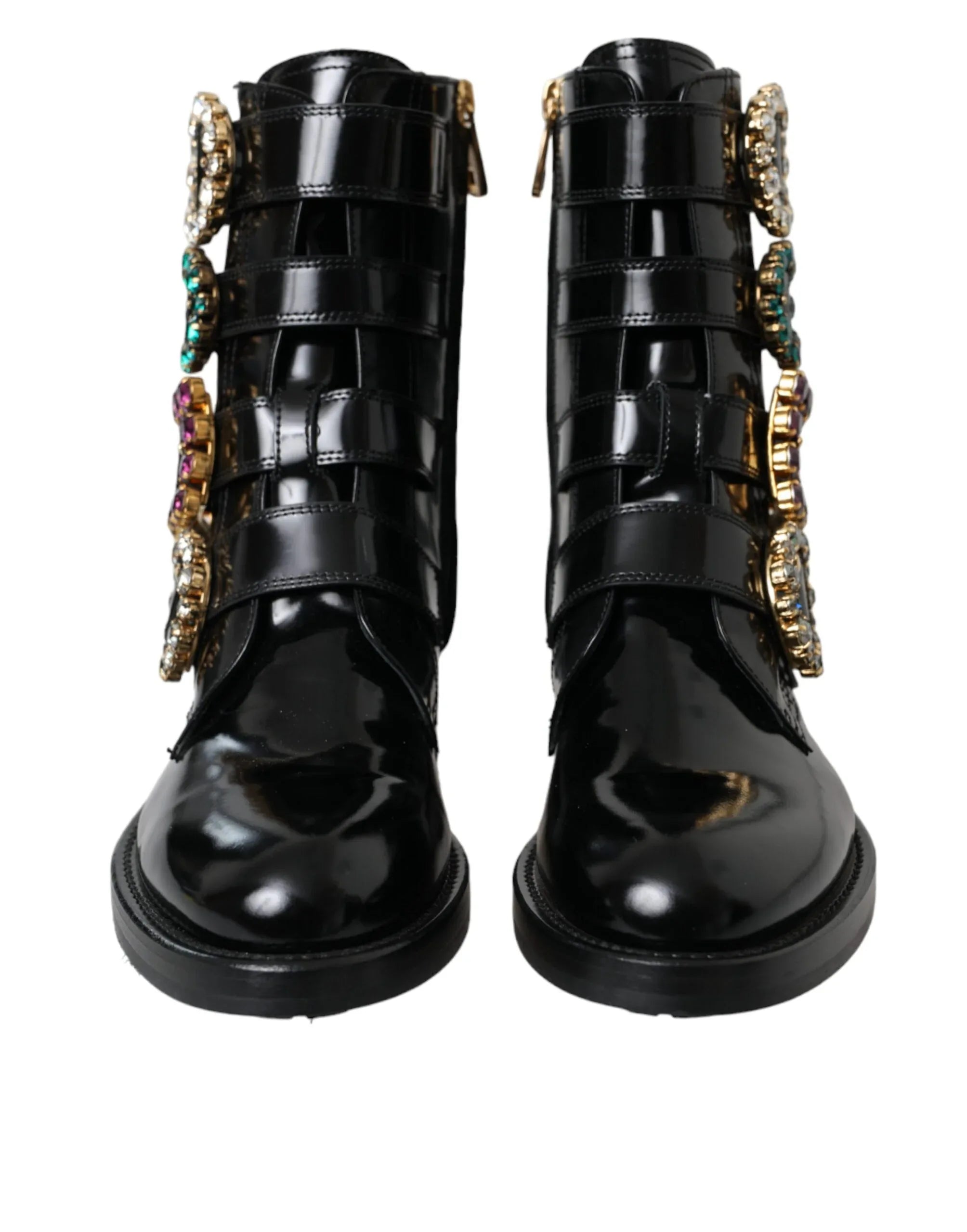 Dolce & Gabbana Black Leather Crystal Buckles Boots Shoes - Zeiniez