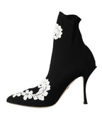 Dolce & Gabbana Black White Embroidery Slip On Boots Shoes - Zeiniez