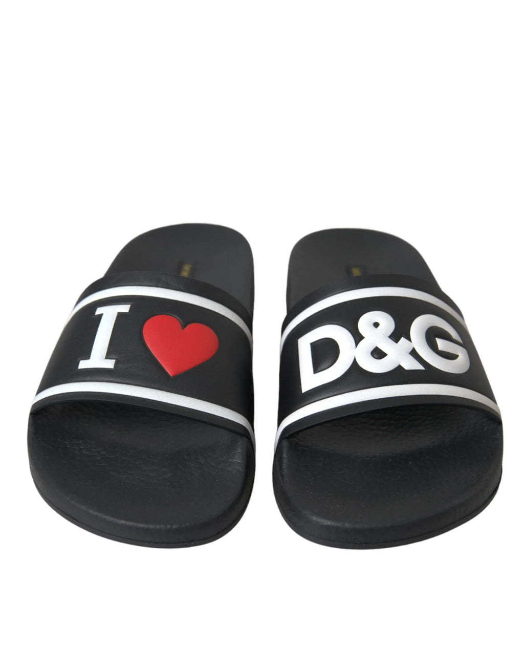 Dolce & Gabbana Black Leather I Love D&G Sandals Slides Shoes - Zeiniez