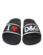 Dolce & Gabbana Black Leather I Love D&G Sandals Slides Shoes - Zeiniez