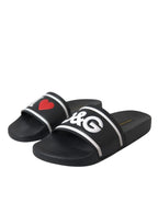 Dolce & Gabbana Black Leather I Love D&G Sandals Slides Shoes - Zeiniez