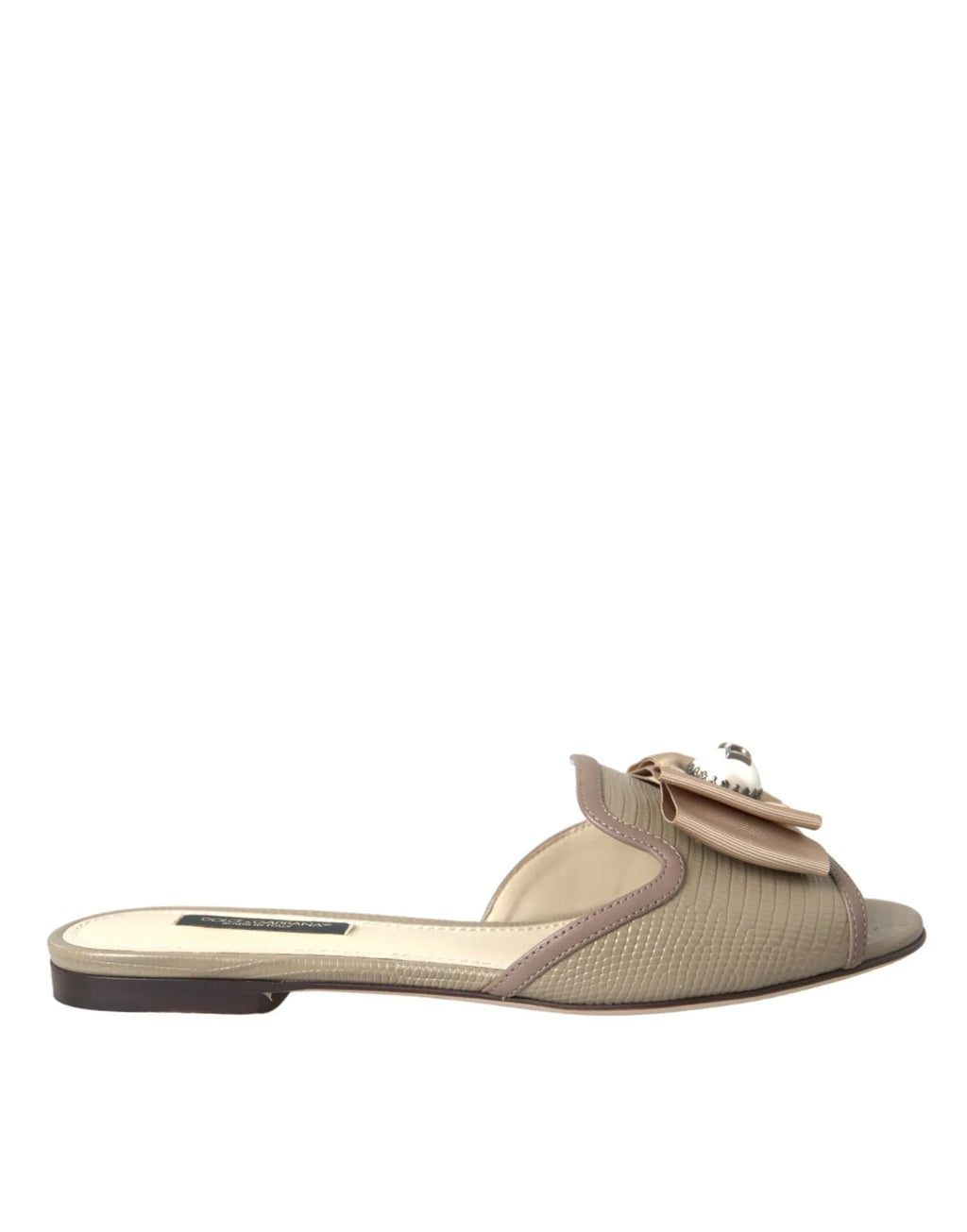 Dolce & Gabbana Beige Logo Pearl Flats Sandals Slides Shoes - Zeiniez