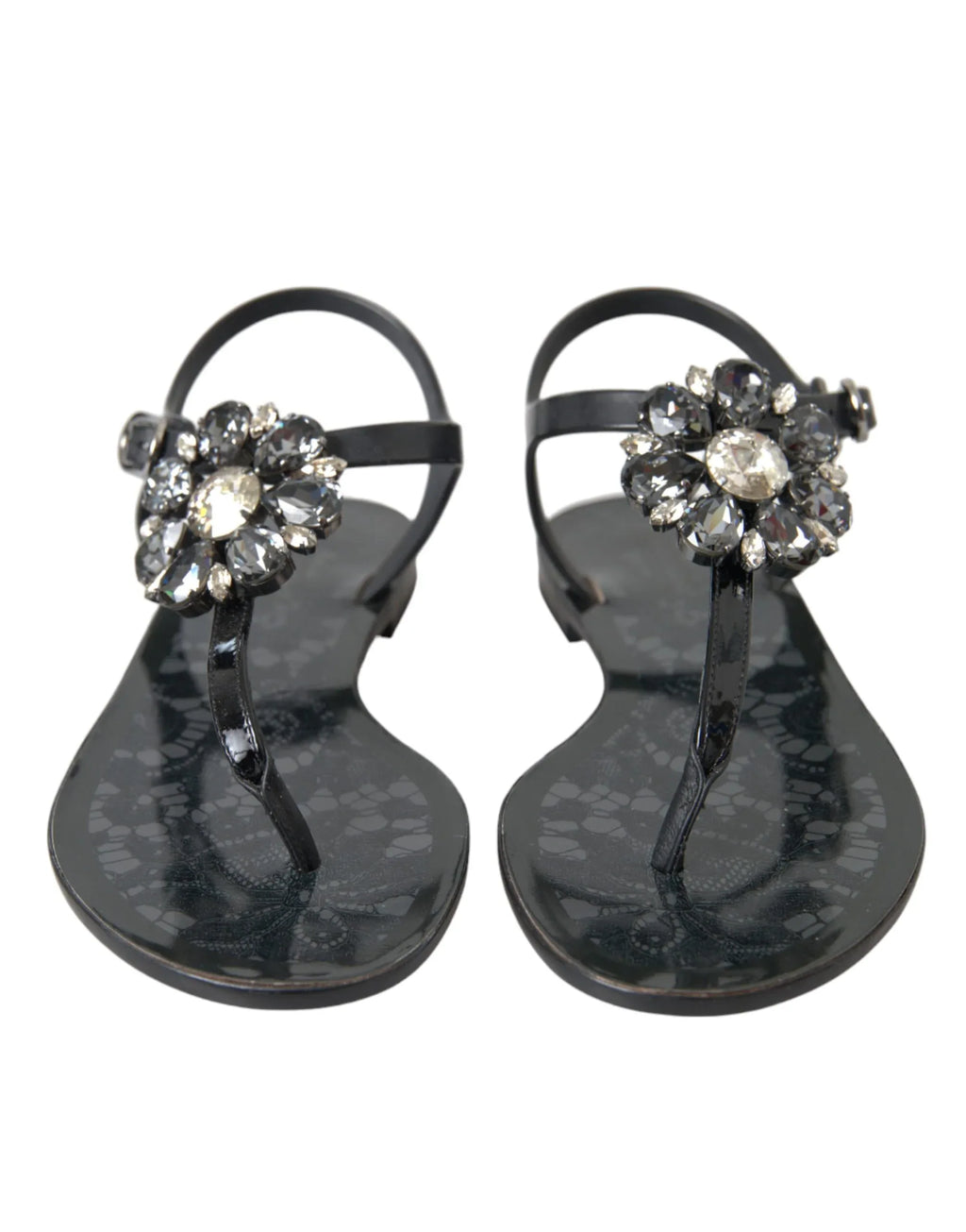 Dolce & Gabbana Black Crystal Flats Sandals Flip Flops Shoes - Zeiniez