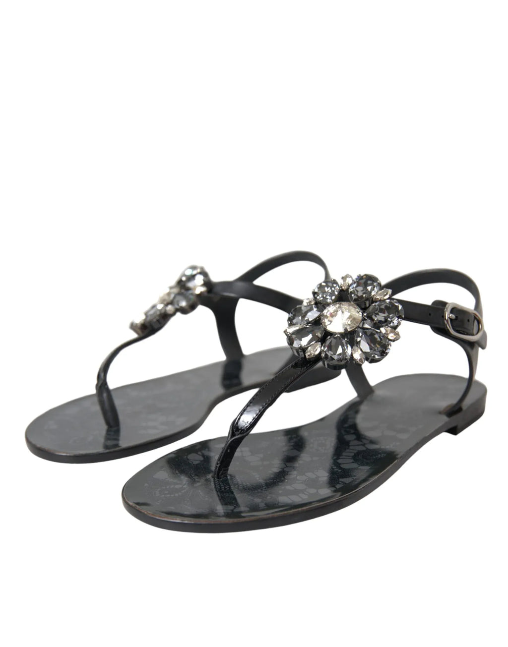 Dolce & Gabbana Black Crystal Flats Sandals Flip Flops Shoes - Zeiniez