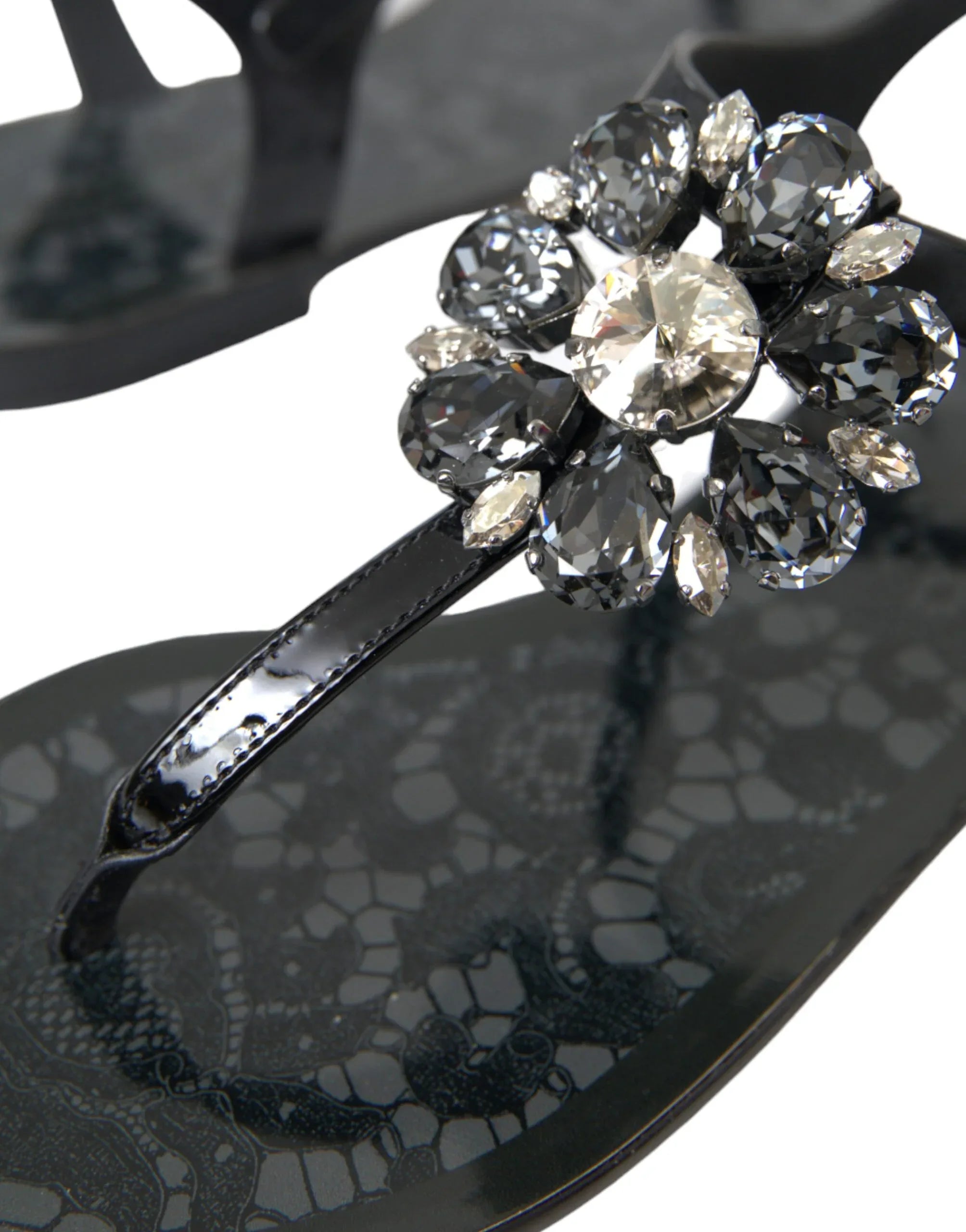 Dolce & Gabbana Black Crystal Flats Sandals Flip Flops Shoes - Zeiniez