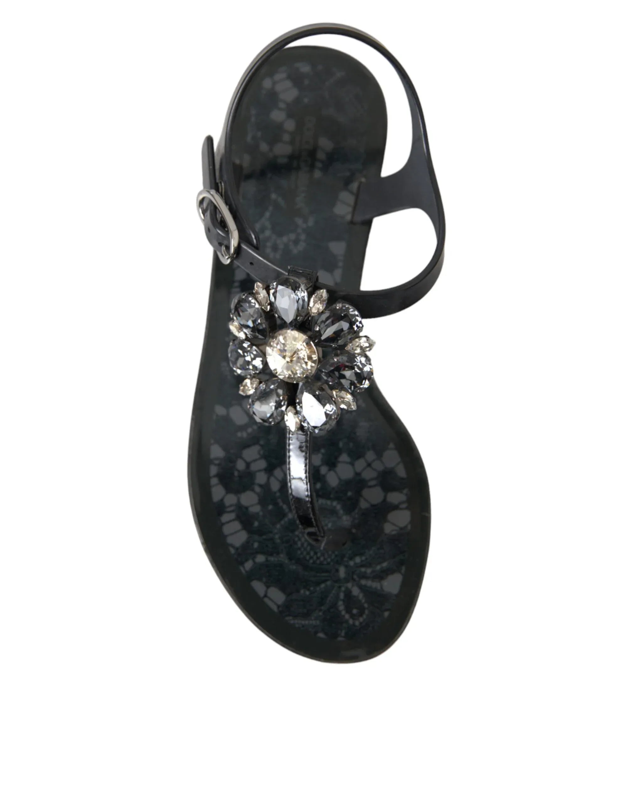 Dolce & Gabbana Black Crystal Flats Sandals Flip Flops Shoes - Zeiniez