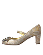 Dolce & Gabbana Gold Jacquard Crystal Mary Janes Pumps Shoes - Zeiniez