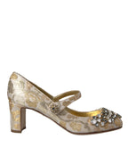Dolce & Gabbana Gold Jacquard Crystal Mary Janes Pumps Shoes - Zeiniez