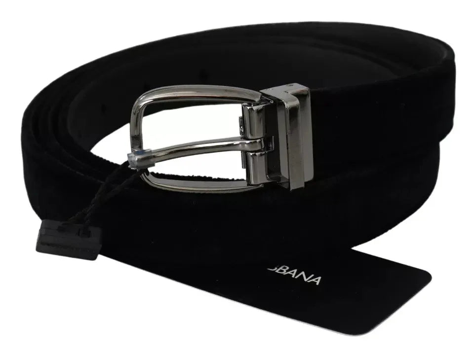 Dolce & Gabbana Black Velvet Silver Tone Metal Buckle Men Belt - Zeiniez