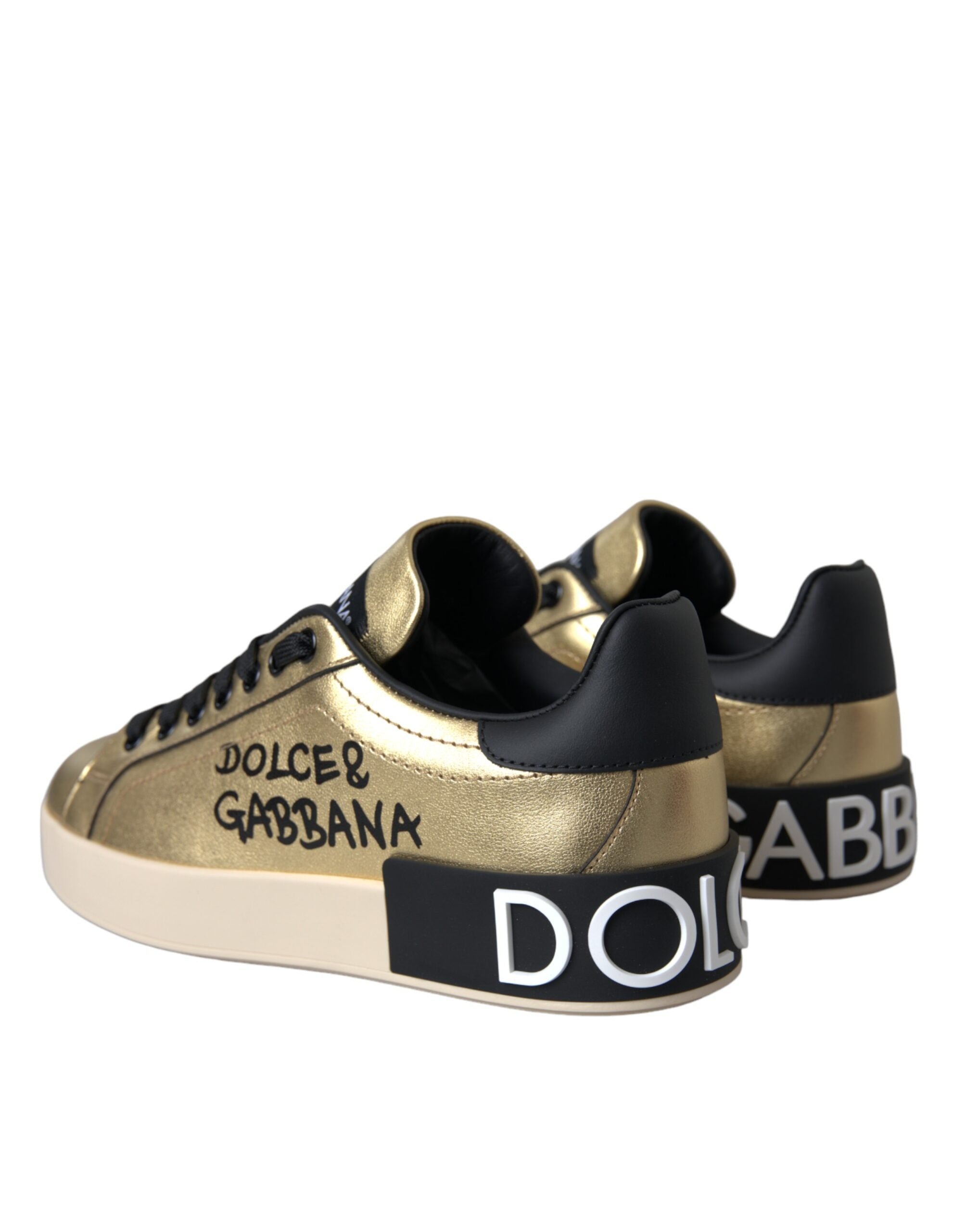 Dolce & Gabbana Gold Portofino Calf Leather Sneakers Women Shoes - Zeiniez