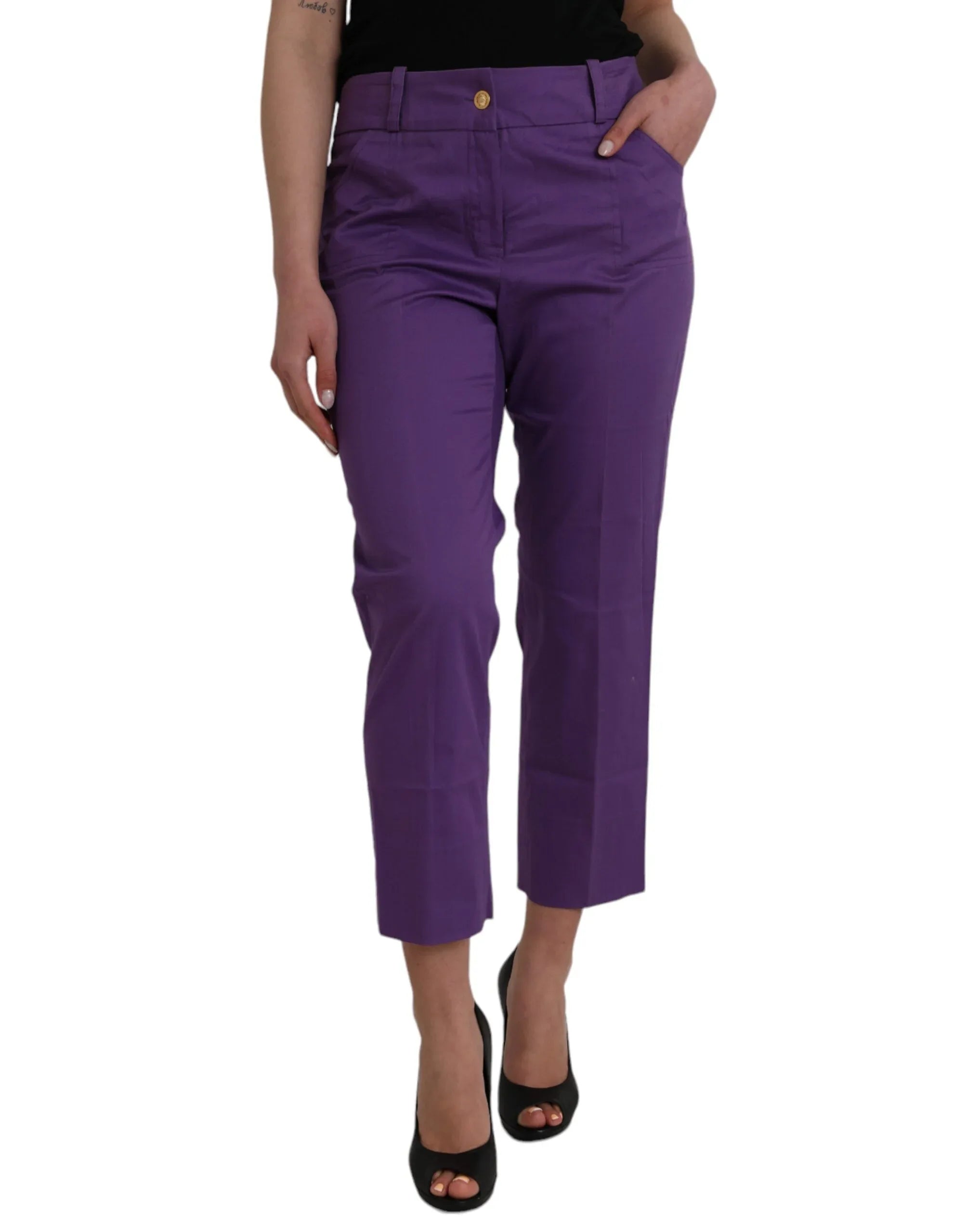 BENCIVENGA Purple Cotton MidWaist Straight Cropped Pants - Zeiniez