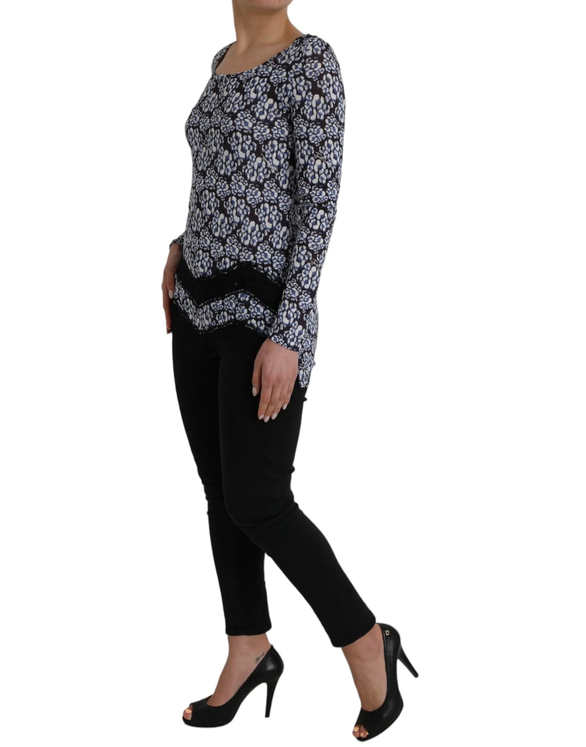 Just Cavalli Blue Floral Lace Long Sleeves Top Underwear Blouse - Zeiniez