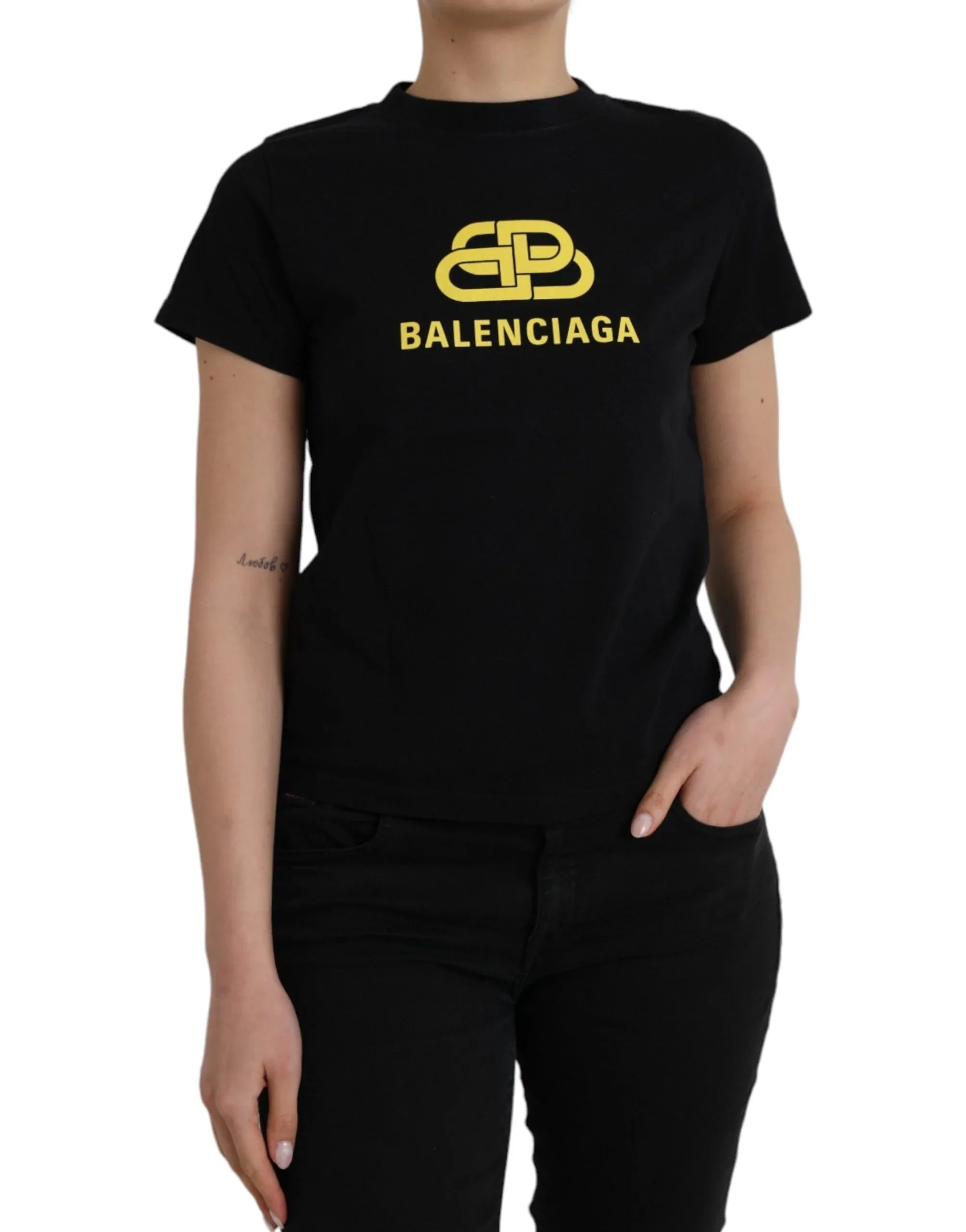 Balenciaga Black Cotton Logo Print Crew Neck Short Sleeves T-shirt - Zeiniez