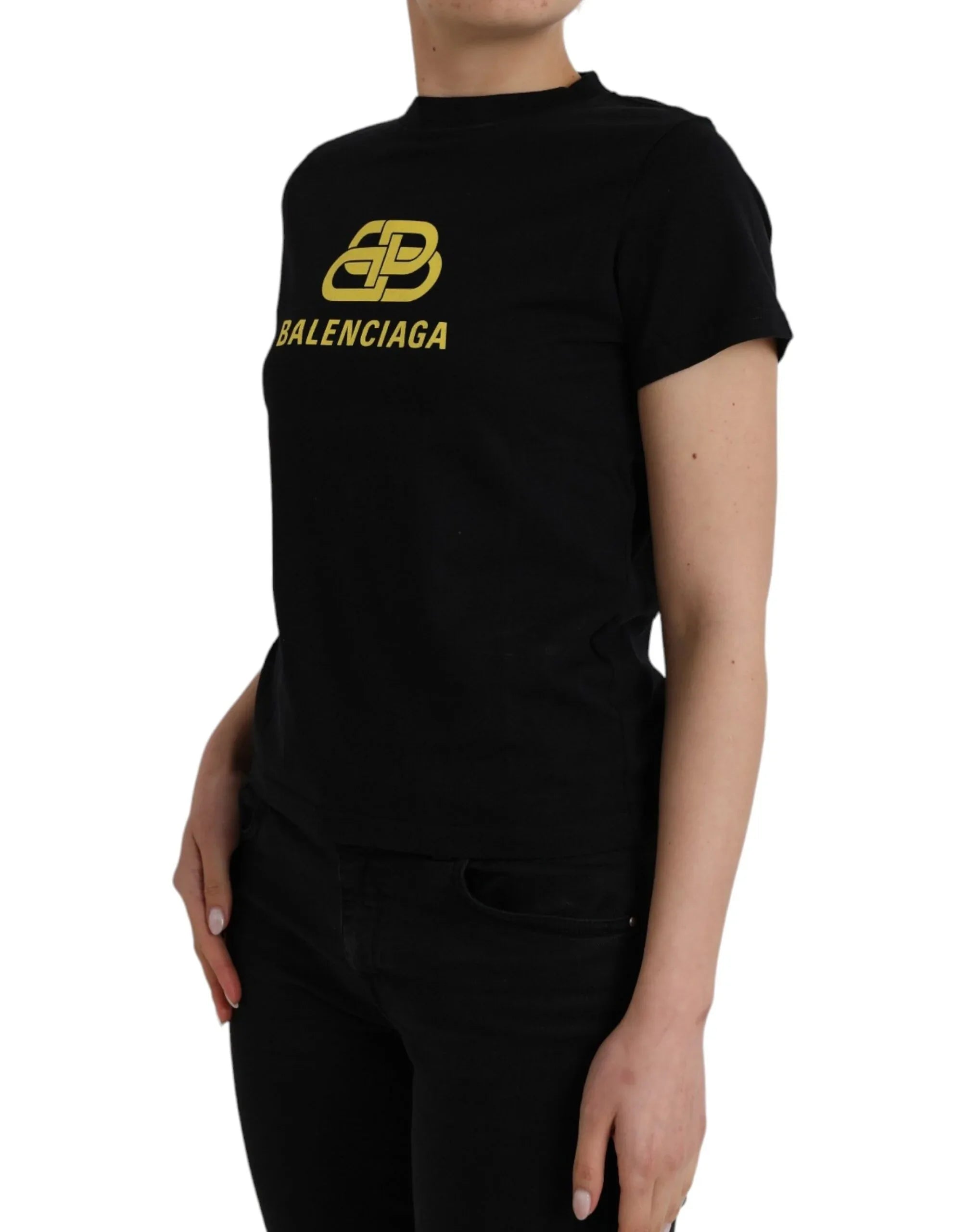 Balenciaga Black Cotton Logo Print Crew Neck Short Sleeves T-shirt - Zeiniez