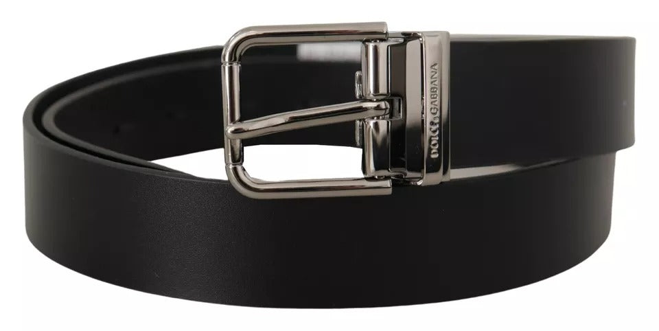 Dolce & Gabbana Black Calf Leather Logo Engraved Metal Buckle Belt - Zeiniez