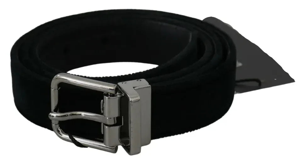 Dolce & Gabbana Black Velvet Leather Silver Buckle Belt - Zeiniez