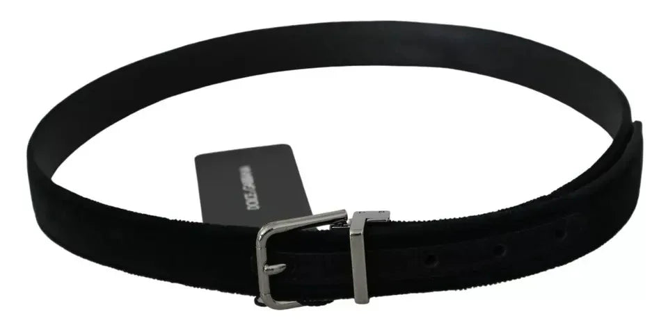 Dolce & Gabbana Black Velvet Leather Silver Buckle Belt - Zeiniez