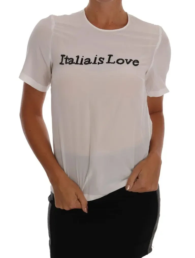 Dolce & Gabbana White Silk ITALIA IS LOVE Blouse T-shirt - Zeiniez