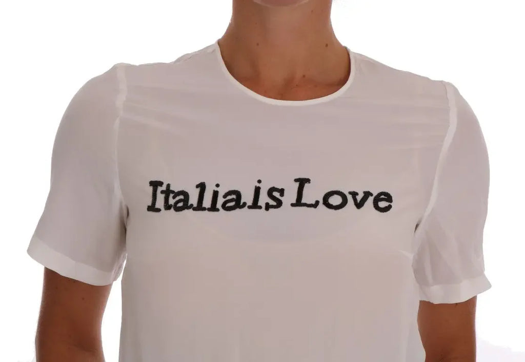 Dolce & Gabbana White Silk ITALIA IS LOVE Blouse T-shirt - Zeiniez
