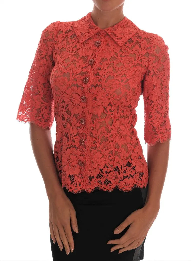 Dolce & Gabbana Orange Crystal Buttons Floral Lace Blouse - Zeiniez