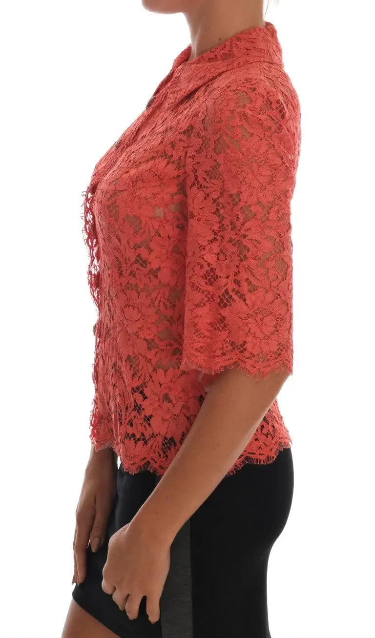 Dolce & Gabbana Orange Crystal Buttons Floral Lace Blouse - Zeiniez